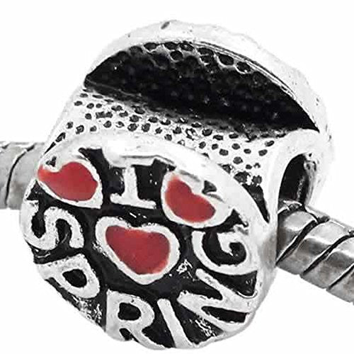 Carved Red Enamel I Love Spring Charm Charm European Bead Compatible for Most European Snake Chain Bracelet