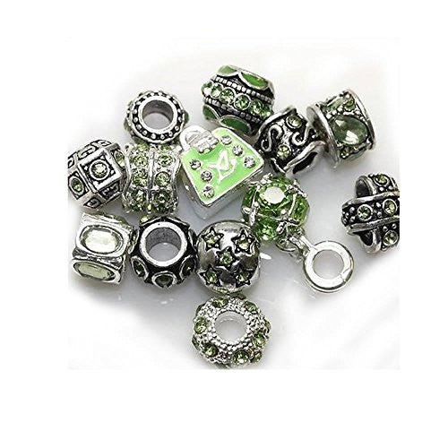 Ten (10) of Assorted Shades of Peridot Green Crystal Rhinestones Beads for Snake Chain Charm Bracelet