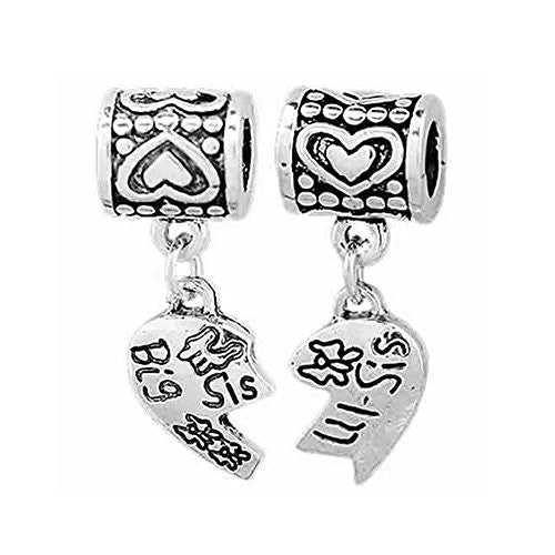 Set of 2 Piece Big Sis Lil Sis Heart & Barrel Dangle Bead for snake charm Bracelet - Sexy Sparkles Fashion Jewelry - 1