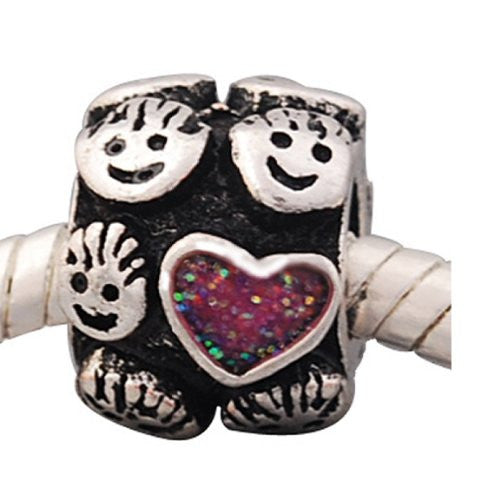 I Love All My Kids with Hot Pink Glitter Heart Charm Spacer European Bead Compatible for Most European Snake Chain Bracelet