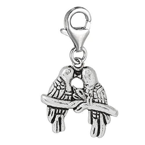 Love Birds Clip On For Bracelet Charm Pendant for European Charm Jewelry w/ Lobster Clasp