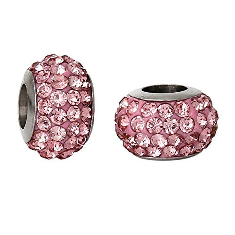 Stainless Steel European Style Charm Beads Round Silver Tone Pink Rhinestone - Sexy Sparkles Fashion Jewelry - 3