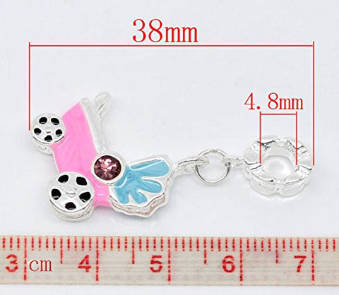 Baby Stroller/Carriage Charm Pink Enamel Dangle Spacer European Bead Compatible for Most European Snake Chain Bracelet - Sexy Sparkles Fashion Jewelry - 2