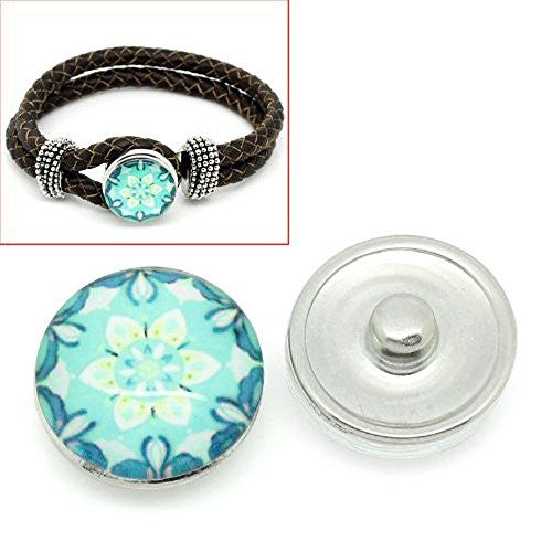 Cyan Flower Design Glass Chunk Charm Button Fits Chunk Bracelet