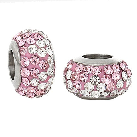 Stainless Steel European Style Charm Beads Round Silver Tone With Pink & Clear Rhinestone - Sexy Sparkles Fashion Jewelry - 2