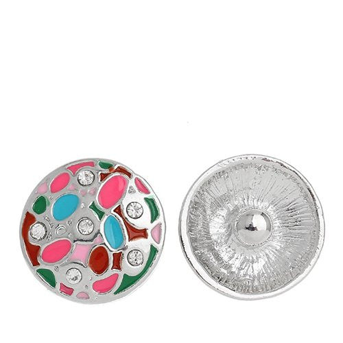 Chunk Snap Buttons Fit Chunk Bracelet Round Silver Tone Enamel Multi Clear Rhinestone Pattern Carved 20mm - Sexy Sparkles Fashion Jewelry - 1