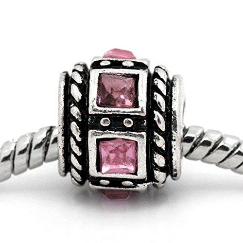 Square Design Pink Crystal European Bead Compatible for Most European Snake Chain Charm Bracelets
