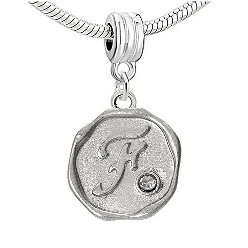 Alphabe Letter F Carved with Clear  Crystals Charm Dangle Bead Compatible with European Snake Chain Bracelets