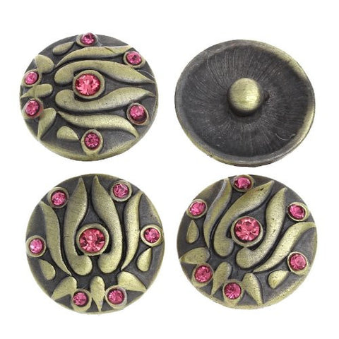 Chunk Snap Buttons Fit Chunk Bracelet Round Antique Bronze Pink Rhinestone Flower Carved 20mm Dia - Sexy Sparkles Fashion Jewelry - 4