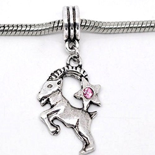 Capricorn Zodiac Charm W/pink Crystal Dangle Bead for Snake Bracelets