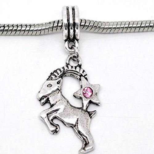 Capricorn Zodiac Charm W/pink Crystal Dangle Bead for Snake Bracelets