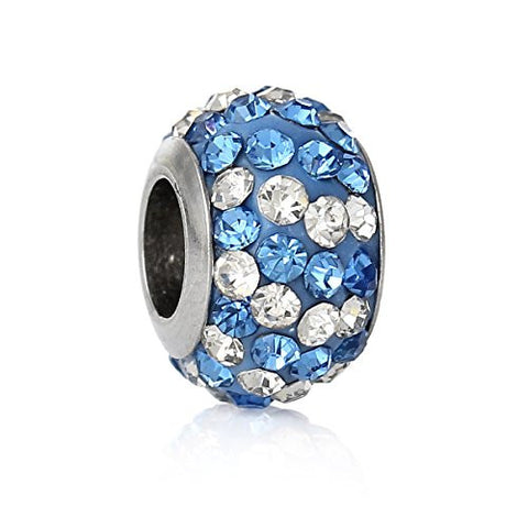 Stainless Steel European Style Charm Beads Round Silver Tone Blue Rhinestone - Sexy Sparkles Fashion Jewelry - 1