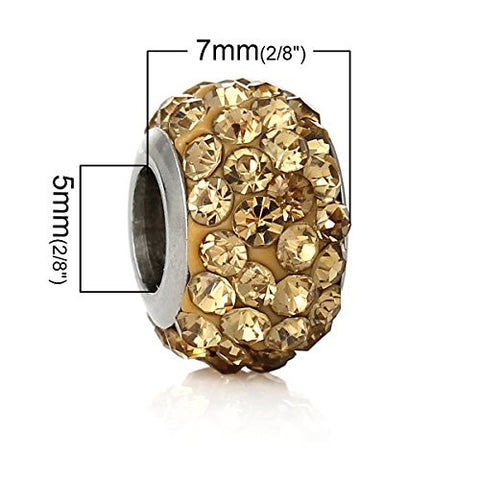 Stainless Steel European Style Charm Beads Round Silver Tone Yellow Rhinestone - Sexy Sparkles Fashion Jewelry - 3