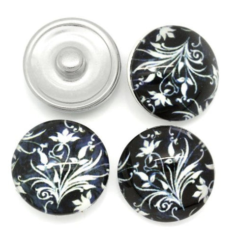 Black and White Flower Design Glass Chunk Charm Button Fits Chunk Bracelet - Sexy Sparkles Fashion Jewelry - 3