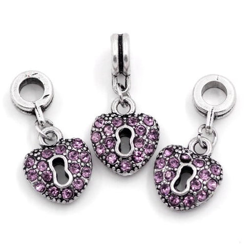 Purple Crystals Heart Lock Dangle Charm Bead For Snake Chain Bracelet - Sexy Sparkles Fashion Jewelry - 2