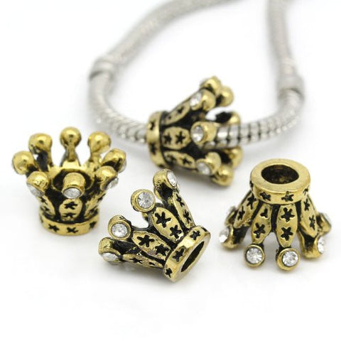 Gold Tone Crown Charm w/ Clear  Crystals European Spacer European Bead Compatible for Most European Snake Chain Bracelet - Sexy Sparkles Fashion Jewelry - 2