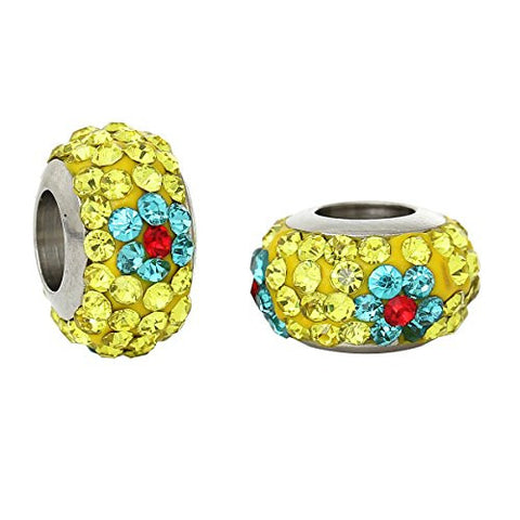 Stainless Steel European Style Charm Beads Round Silver Tone With Yellow Blue & Red Rhinestone - Sexy Sparkles Fashion Jewelry - 2