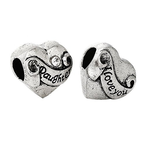 I Love You Daughter Heart w/ Clear Crystals Charm Bead for Snake Chain Charms Bracelet - Sexy Sparkles Fashion Jewelry - 2