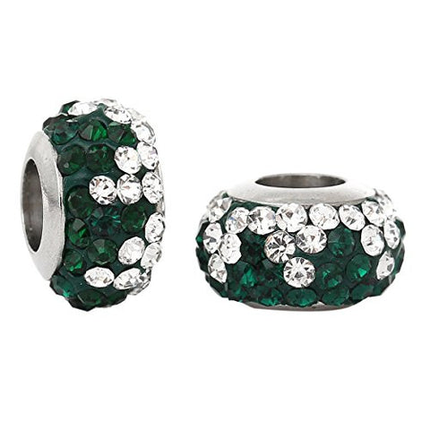 Stainless Steel European Style Charm Beads Round Silver Tone With Dark Green & Clear Rhinestone - Sexy Sparkles Fashion Jewelry - 2