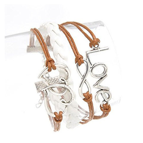 Braiding Leatheroid Wax Rope Bracelets Coffee Antique Silver Double Hearts Infinity Symbol Love W/Lobster Clasp - Sexy Sparkles Fashion Jewelry - 1