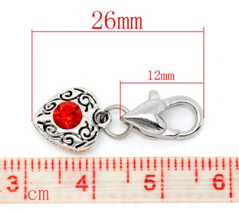 July Red Birthstone Antique Silver Rhinestone Heart Clip On Charms. Fits Thomas Sabo 26x10mm - Sexy Sparkles Fashion Jewelry - 3