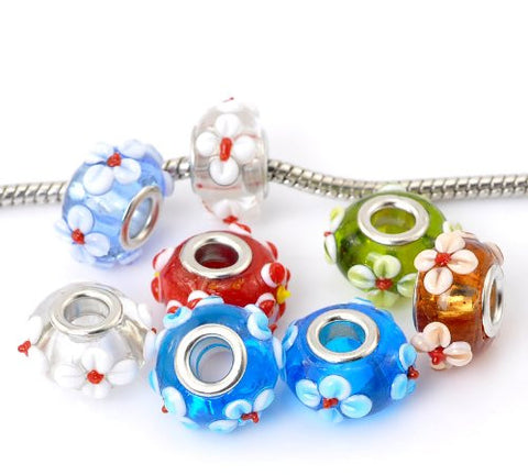 Pack of 10 Flower MIX Lampwork Murano Glass Beads For Snake Chain Charm Bracelet. - Sexy Sparkles Fashion Jewelry - 2