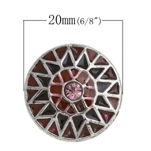 Chunk Snap Buttons Fit Chunk Bracelet Round Silver Tone Pink Rhinestone Enamel Red & Purple Flower Pattern Carved 20mm - Sexy Sparkles Fashion Jewelry - 3