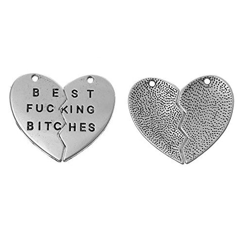 Silver tone BFF Best Bitches Split Heart Pendant for Necklace - Sexy Sparkles Fashion Jewelry - 3