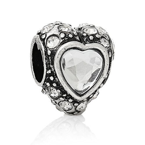 Heart W/  Crystals Charm Bead (Clear)European Bead Compatible for Most European Snake Chain Bracelet
