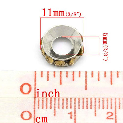Copper European Charm Rhinestone Rondelle Spacer Beads Round Silver Tone W/Champagne Rhinestone - Sexy Sparkles Fashion Jewelry - 3