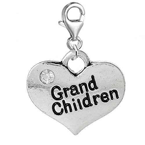 Heart 2 Sided w/ Clear  Crystal Stones Grand Children Charm Clip On Pendant w/ Lobster Clasp