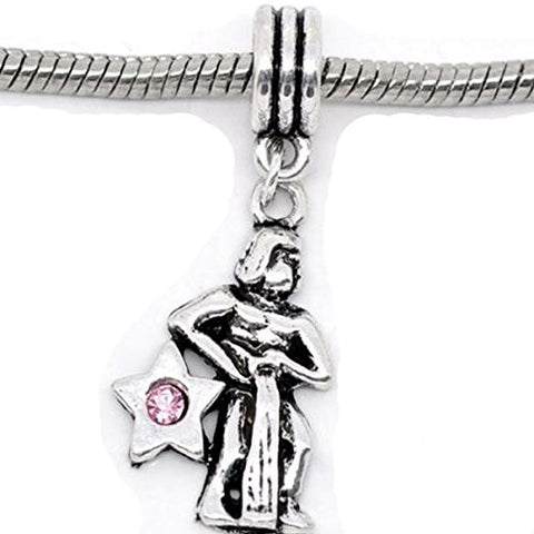 Aquarius Zodiac Charm W/pink Crystal Dangle Bead for Snake Bracelets - Sexy Sparkles Fashion Jewelry - 1