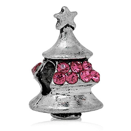 Christmas Tree W/pink Rhinestones Charm Bead for European Snake Chain Charm Bracelet