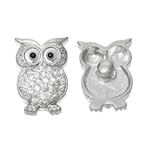 Chunk Snap Jewelry Button Owl Halloween White Silver Tone Fit Chunk Bracelet Clear Rhinestone