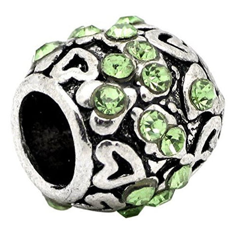 Hearts W/light Green  Rhinestones Bead Charm Spacer For Snake Chain Charm Bracelet - Sexy Sparkles Fashion Jewelry - 1