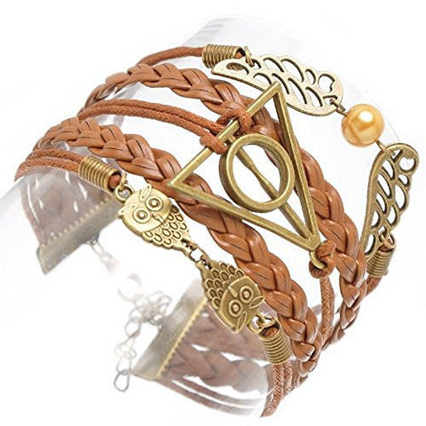 Braiding Leatheroid Wax Rope Bracelets Brown Antique Bronze Halloween Owl Triangle Ring Wing W/Lobster Clasp - Sexy Sparkles Fashion Jewelry - 1