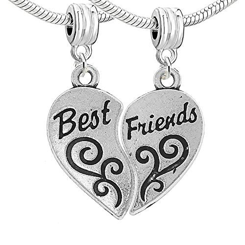 Two Piece (2) Heart Best Friends Dangle Charm European Bead Compatible for Most European Snake Chain Bracelet - Sexy Sparkles Fashion Jewelry