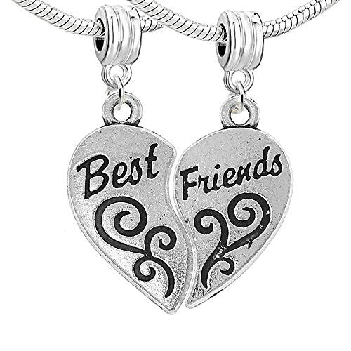 Two Piece (2) Heart Best Friends Dangle Charm European Bead Compatible for Most European Snake Chain Bracelet