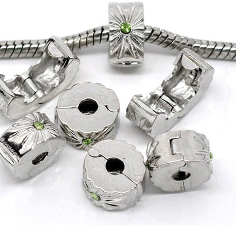 Clip Lock Stopper Bead with Green Stones with 2 Clear Silicone Stopper For Snake Chain Charm Bracelet - Sexy Sparkles Fashion Jewelry - 2