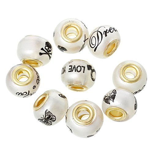 10 Pcs Random Selected Murano Beads For Snake Chain Charm Bracelet (White/Gold)