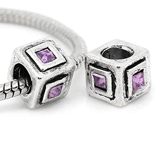 Cube Charm with purple  Rhinestone Crystals European Bead Compatible for Most European Snake Chain Bracelet - Sexy Sparkles Fashion Jewelry - 1
