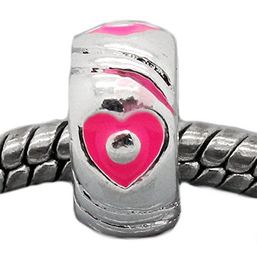 European Charm Beads Silver Plated Heart Carved Enamel Pink