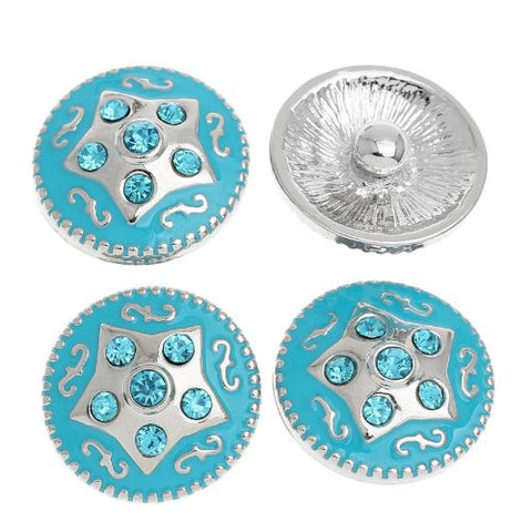 Chunk Snap Buttons Fit Chunk Bracelet Round Silver Tone Blue Rhinestone Enamel Blue Star Pattern Carved 20mm - Sexy Sparkles Fashion Jewelry - 4