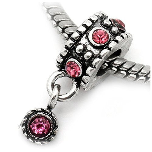 Dangle Bead w/ Pink  Rhinestones October Birthstone  s European Bead Compatible for Most European Snake Chain Bracelet - Sexy Sparkles Fashion Jewelry - 1