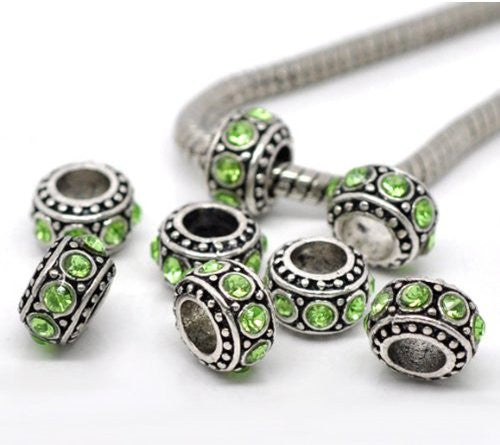 Five (5) August  Period Light Green Rhinestone Charms Spacer Beads For Snake Chain Charm Bracelet - Sexy Sparkles Fashion Jewelry - 1