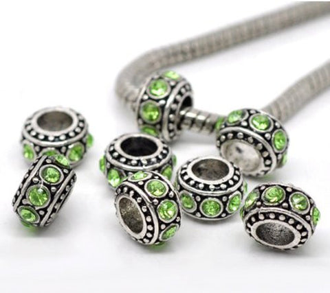 Five (5) August  Period Light Green Rhinestone Charms Spacer Beads For Snake Chain Charm Bracelet - Sexy Sparkles Fashion Jewelry - 1