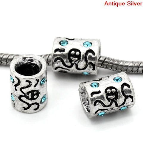 Octopus Carved on Charm W/Blue Crystals Bead Charm Spacer For Snake Chain Bracelet - Sexy Sparkles Fashion Jewelry - 2