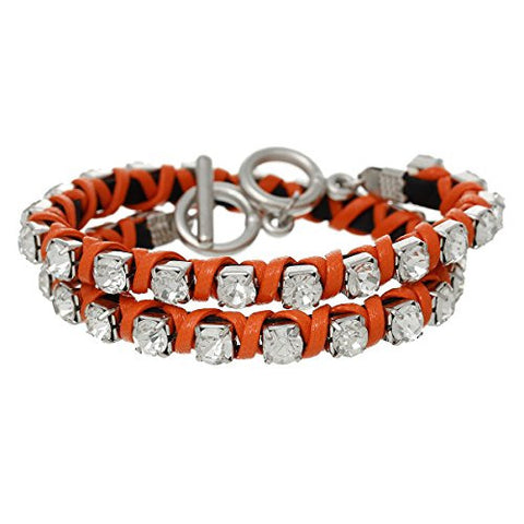 Cowhide Leather Toggle Clasp Bracelet Orange Clear Rhinestone 42cm(16 4/8") - Sexy Sparkles Fashion Jewelry - 1