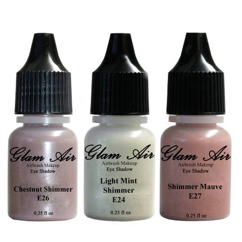 Glam Air Set of Three (3) Airbrush Eye Shadow s-E24Light Mint Shimmer , E26Chestnut Shimmer, & E27Shimmer Mauve Airbrush Water-based 0.25 Fl. Oz. Bottles of Eyeshadow - Sexy Sparkles Fashion Jewelry - 1