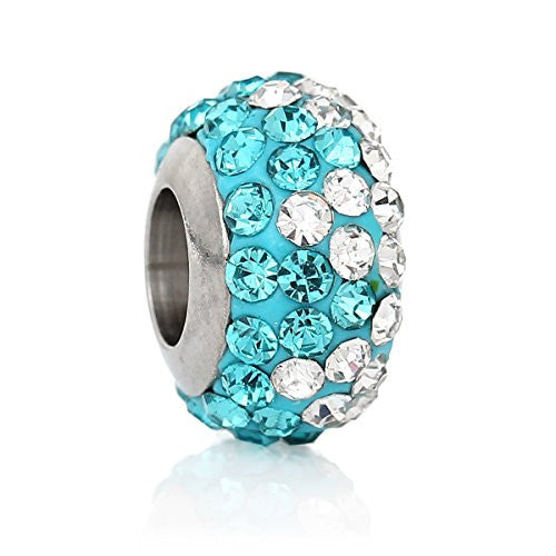 Stainless Steel European Style Charm Beads Round Silver Tone With Light Blue & Clear Rhinestone